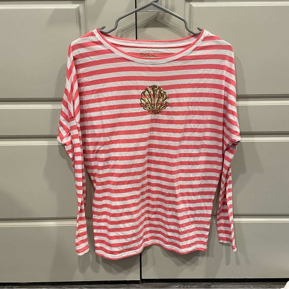Lilly Pulitzer Tina pink white striped long sleeve t shirt top seashell small